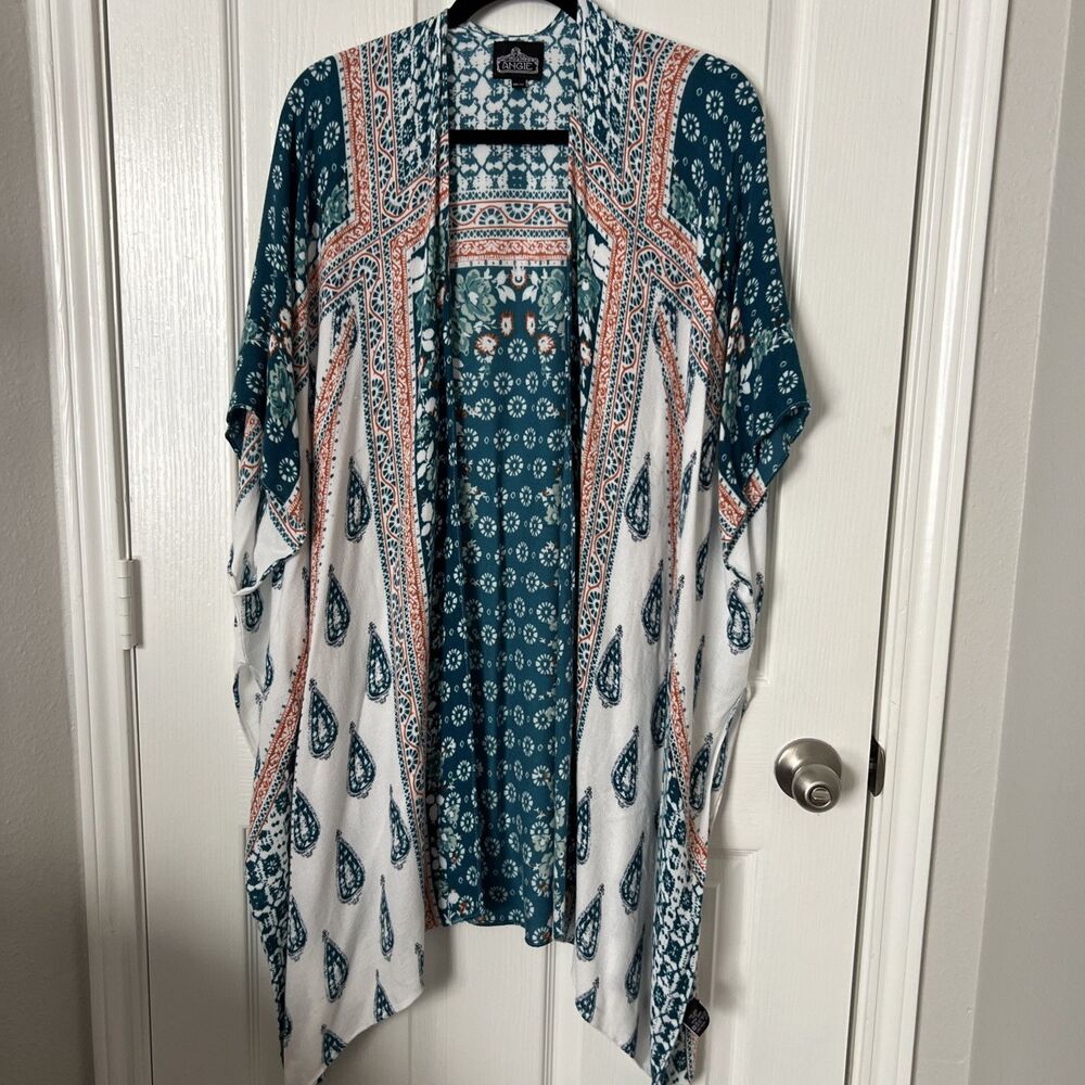Angie Oversized Kimono Cover-Up One Size Colorful Bohemian Layering Blue White